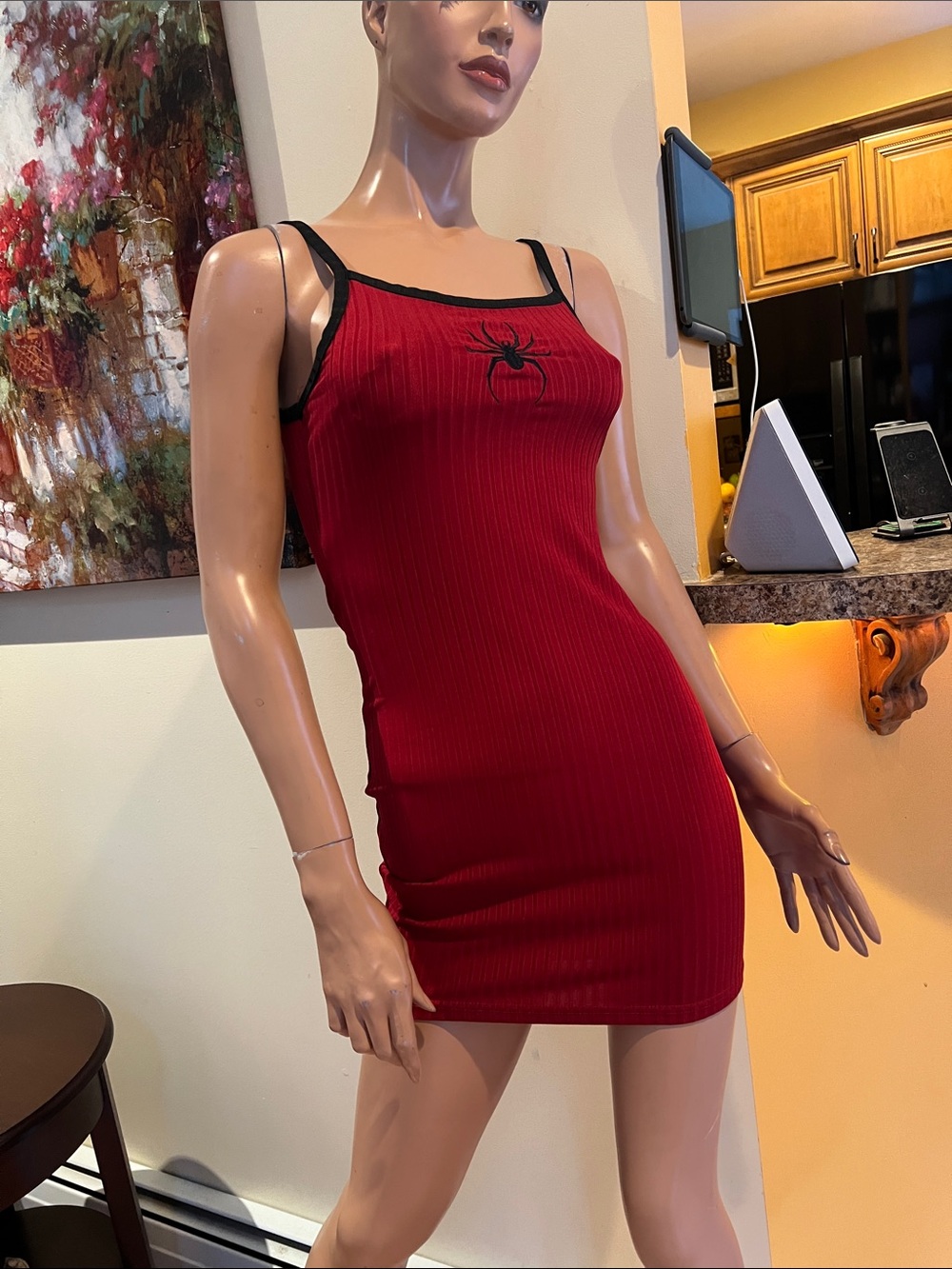 Red Ribbed Spider Embroidered bodycon S Mini Dress NWOT